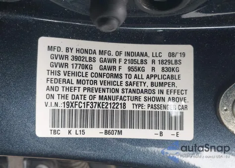 2019 Honda Civic Ex z USA, uszkodzony, nr VIN 19XFC1F37KE212218